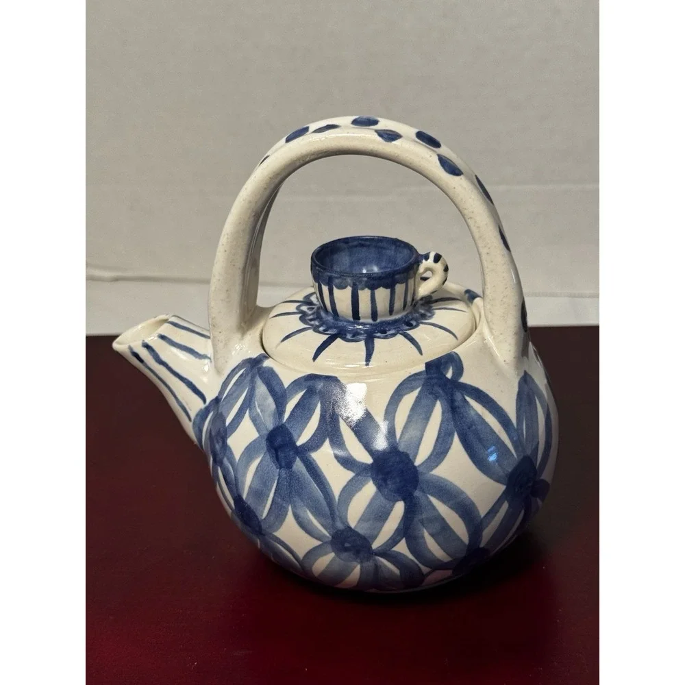 Vintage Blue and White Tea Pot with Lid, Asian Design